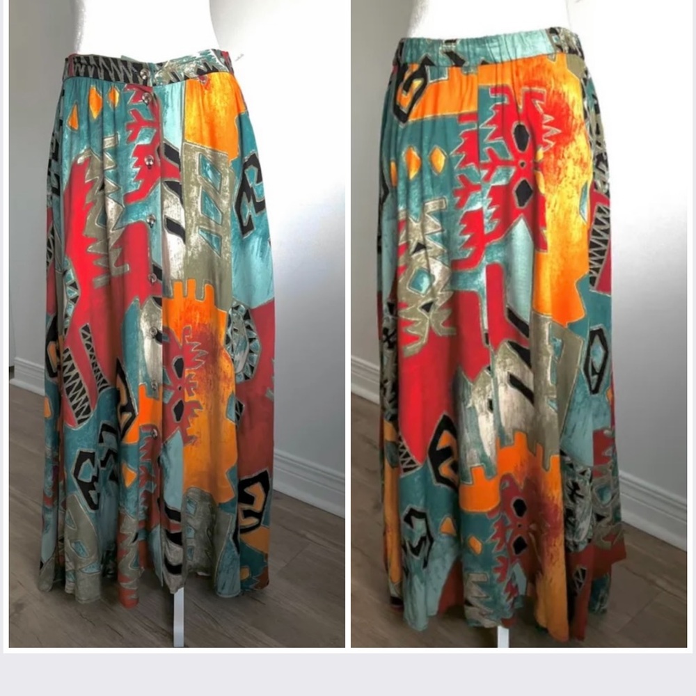 🇨🇦 Vintage 90s Abstract Art Midi Skirt – Teal Red Orange• Suttles & Seawinds - Picture 14 of 16